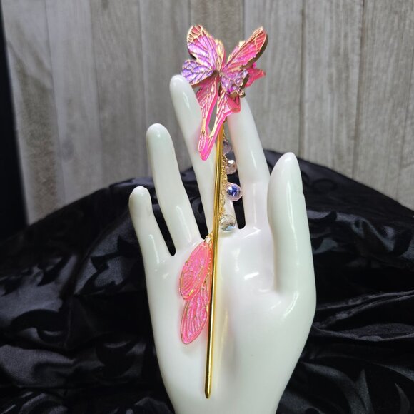 Handmade Delicate Gold and Pink Butterfly Hair Stick w/ Wings and Crystal 7" L - Picture 2 of 8